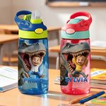 Botella de agua infantil personalizada con dibujo de dinosaurio, de 16 oz, con nombre y foto; ideal para el uso diario, la vuelta al cole y como regalo de cumpleaños para niños y niñas amantes de los 