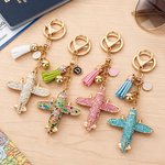 Personalized Bling Multicolor Tassel Airplane Bell Bag Charm Keychain with Initial Birthday Gift for Flight Attendant Friends
