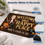 Personlig «Welcome to My Happy Place»-dørmatte med sklisikre egenskaper og Halloween-tegneseriefigur, med navn – en Halloween-gave til Halloween-entusiaster
