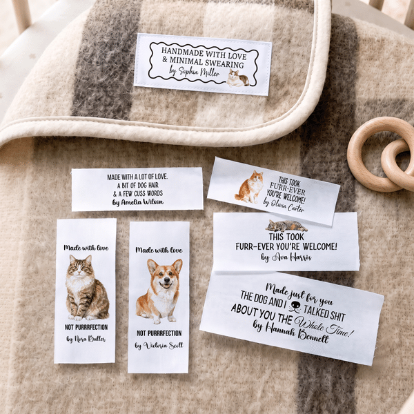Personalised Funny Pet Photo Sewing Labels Name Tags Set of 15 for Clothing Handmade Use Birthday Gift for Knitting DIY Craft Lovers Artisans
