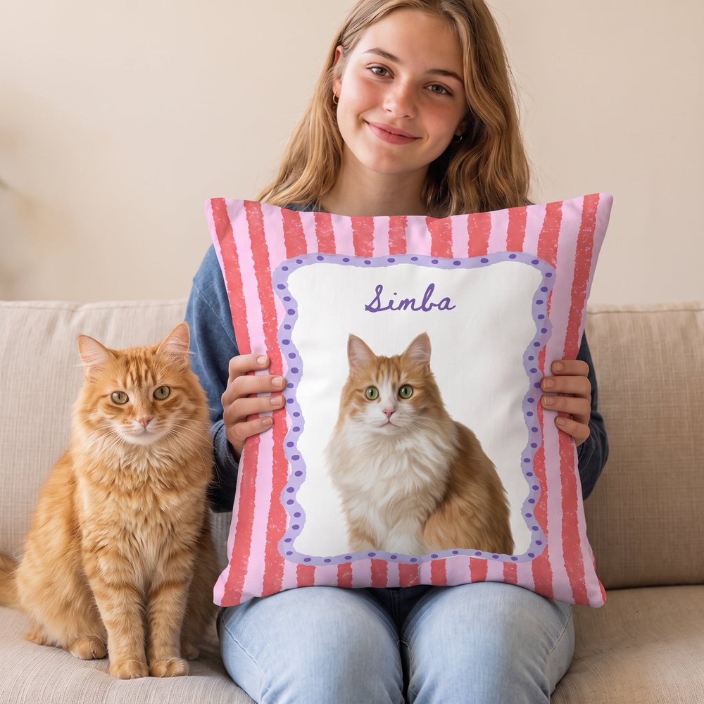 Personalised Stripe Grid Frame Pet Portrait Soft Cushion Cover with Name Home Decor Memorial Birthday Gift for Pet Owners Lovers 6
