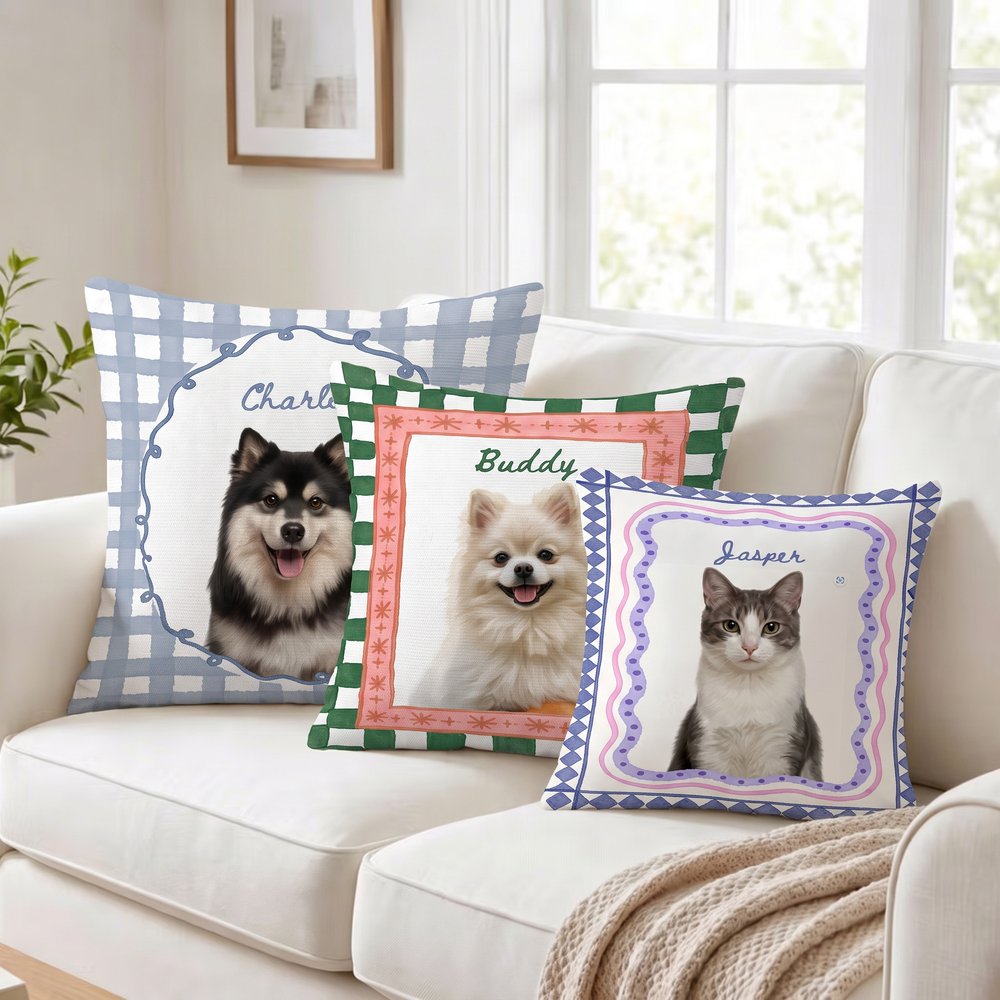 Personalised Stripe Grid Frame Pet Portrait Soft Cushion Cover with Name Home Decor Memorial Birthday Gift for Pet Owners Lovers 5