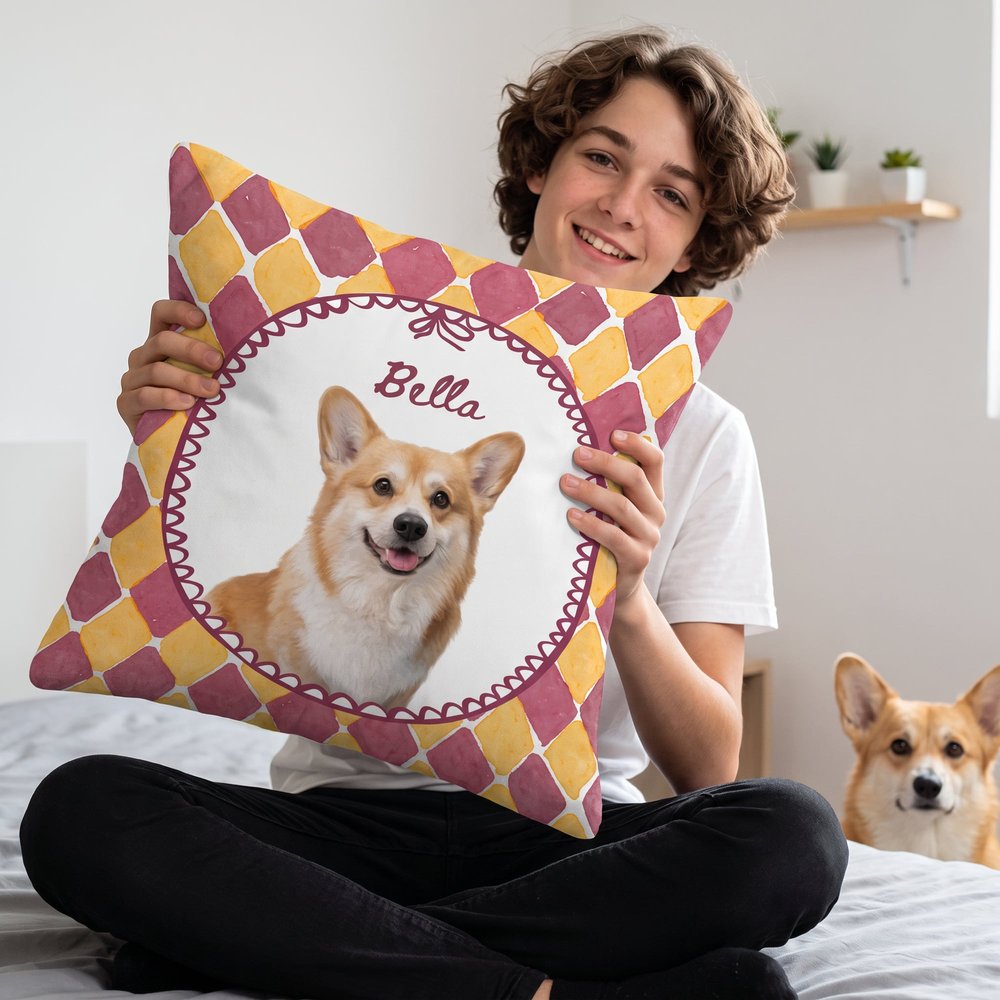 Personalised Stripe Grid Frame Pet Portrait Soft Cushion Cover with Name Home Decor Memorial Birthday Gift for Pet Owners Lovers 4