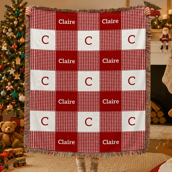 Personalized Multicolour Gingham Tassel Soft Throw Blanket with Name and Initial  Christmas Baptism Birthday Gift for Kids