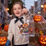Personlig gavepose med Halloween-tema – med foto av tegneseriefigur og initialer, med navn og svart sløyfe – Halloween-gave til barn