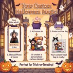 Personlig gavepose med Halloween-tema – med foto av tegneseriefigur og initialer, med navn og svart sløyfe – Halloween-gave til barn