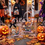 Personlig gavepose med Halloween-tema – med foto av tegneseriefigur og initialer, med navn og svart sløyfe – Halloween-gave til barn