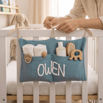 Personalised Soft Cotton Linen Hanging Storage Bag with Knit Name Car Seat Organiser & Cot Nursery Storage Decor Baby Shower Gift for Kids