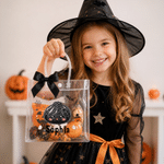Spersonalizowana, przezroczysta torebka na pierogi z motywem halloweenowym, z wstążką i imieniem – halloweenowy prezent dla dzieci
