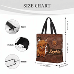 Personalized Cute Cartoon Highland Cow Large Capacity Tote Bag with Name Birthday Gift for Highland Cow Lovers Friends