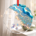 Personalised Sandbeach Wave Seashell Design Heart Round Glass Ornament with Name and Date Home Decor Anniversary Birthday Gift for Couples