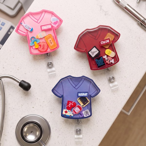 Personalized Cute Scrub Top Shaker ID Holder Badge Reel with Name Retractable Clip Funny Healthcare Worker Gift for Nurses Doctors Students