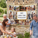 Personlig veggteppe med fotokollasje av stjerner i prikkmønster, med navn og tittel – gave til familiefest, bursdag eller til nyutdannede