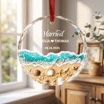 Personalised Sandbeach Wave Seashell Design Heart Round Glass Ornament with Name and Date Home Decor Anniversary Birthday Gift for Couples