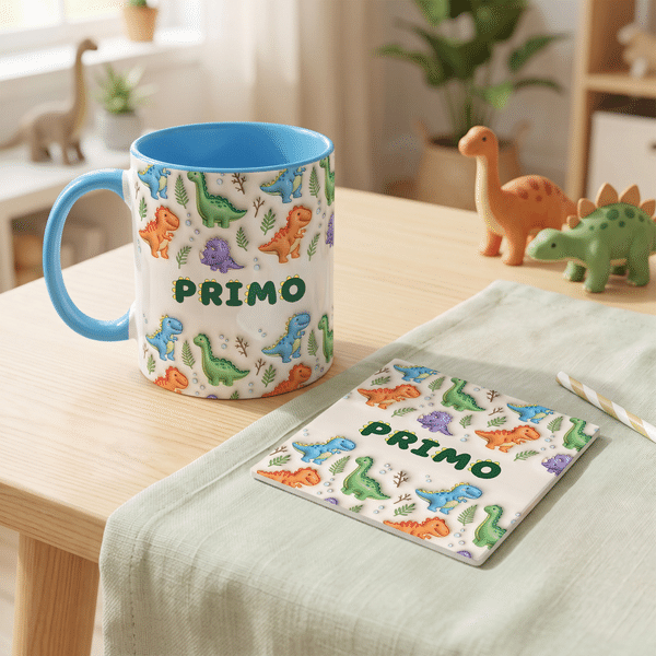 Personalized Colourful 3D-Effect Artwork Dinosaur 11 oz 15 oz Ceramic Mug with Name Birthday Gift for Dinosaur Lover Kid