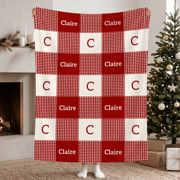 Personalised Multicolour Checkered Background Soft Throw Blanket with Initial and Name Christmas Baptism Birthday Gift for Kids Family