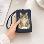 Personalised Watercolor Pet Photo Floral PU Leather Wristlet Purse with Name and Card Holder Daily Use Birthday Anniversary Gift for Women Pet Lovers