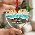 Personalised Sandbeach Wave Seashell Design Heart Round Glass Ornament with Name and Date Home Decor Anniversary Birthday Gift for Couples