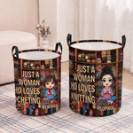 Personalized Cartoon Knitting Character Waterproof Laundry Storage Basket with Handle and Name Housewarming Birthday Gift for Knitting Sewing Lovers