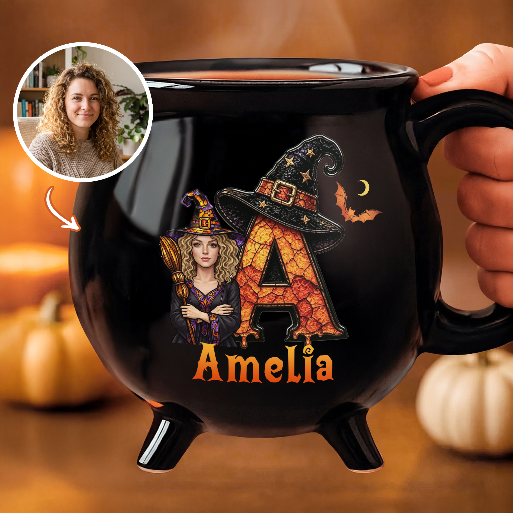 Personalisierte Keramik-Kaffeetasse mit Hexen- und Vampir-Motiv, mit Namen und Foto – Halloween-Geschenk für den täglichen Gebrauch für Familie und Freunde