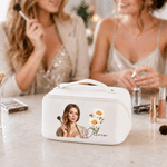 Personalized Semi-Realistic Art Style Photo Birth Flower PU Leather Makeup Bag with Name Daily Use Travel Birthday Gift for Women Friends