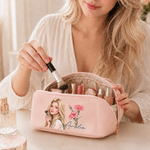 Personalized Semi-Realistic Art Style Photo Birth Flower PU Leather Makeup Bag with Name Daily Use Travel Birthday Gift for Women Friends