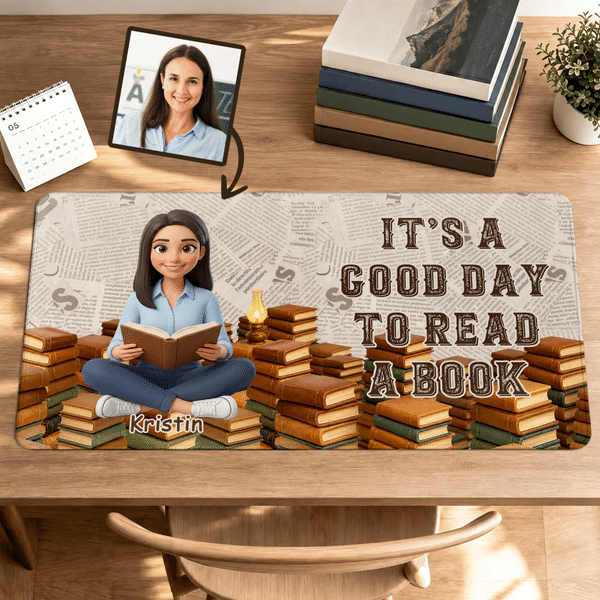 Personalized 3D-Effect Artwork Cartoon Book-Reading Character Non-Slip Mouse Pad Desk Mat with Photo Text and Name Office Gift for Book Lovers