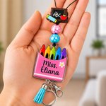 Personalized Apple Crayon Bookworm Charm Teacher Lanyard with Name and ID Badge Holder Back to School Appreciation Gift for Teachers