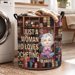 Personalized Cartoon Knitting Character Waterproof Laundry Storage Basket with Handle and Name Housewarming Birthday Gift for Knitting Sewing Lovers