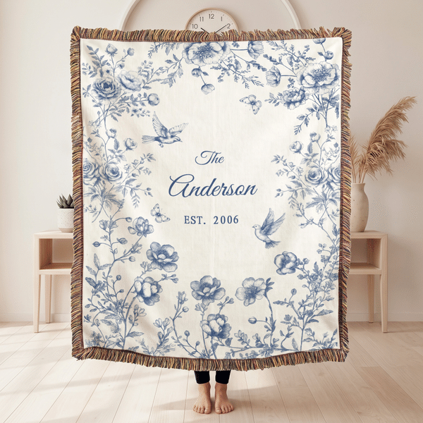 Personalised Flower Butterfly Bird Soft Tassel Throw Blanket with Name and Year Bridal Shower Wedding Anniversary Gift for Couple