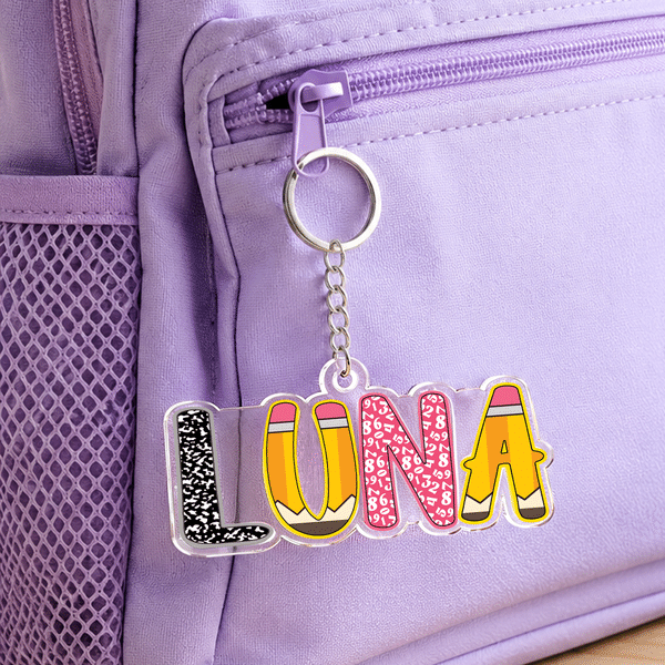 Personalised Colourful School-Theme Lightweight Acrylic Keyring with Name Daily Use Back to School Birthday Gift for Girls Boys