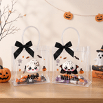 Spersonalizowana, przezroczysta torebka na pierogi z motywem halloweenowym, z wstążką i imieniem – halloweenowy prezent dla dzieci