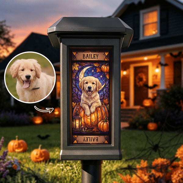 Personalised Stained Glass Pumpkin Moon Pet Photo Solar Garden Light with Name Garden Decor Halloween Gift for Pet Owner