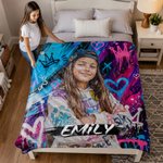 Personalised Graffiti Crown Oil Painting Style Photo Soft Throw Blanket with Name Home Decor Birthday Gift for Family Friend Couple