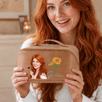 Personalized Semi-Realistic Art Style Photo Birth Flower PU Leather Makeup Bag with Name Daily Use Travel Birthday Gift for Women Friends