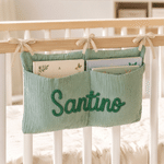 Personalised Soft Cotton Linen Hanging Storage Bag with Knit Name Car Seat Organiser & Cot Nursery Storage Decor Baby Shower Gift for Kids