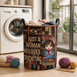 Personalized Cartoon Knitting Character Waterproof Laundry Storage Basket with Handle and Name Housewarming Birthday Gift for Knitting Sewing Lovers