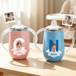 Vaso con boquilla y aislamiento térmico de 10 oz, personalizado con un diseño artístico infantil en 3D con efecto nube, con iniciales y nombre; regalo de cumpleaños o para baby shower para niños