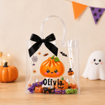 Spersonalizowana, przezroczysta torebka na pierogi z motywem halloweenowym, z wstążką i imieniem – halloweenowy prezent dla dzieci