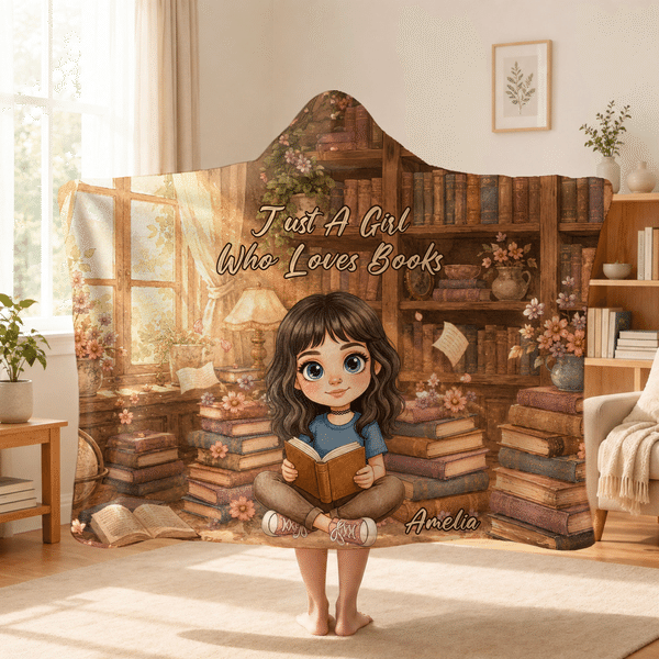 Personalized Retro Art Q-Version Character Soft Hooded Blanket with Name and Photo Home Decor Birthday Christmas Gift for Book Lovers Students
