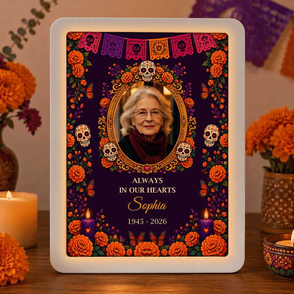 Personlig «Sugar Skull Marigold» LED-speilfotoramme med navn og bilde – minnegave til «De dødes dag» ved tap av en kjær