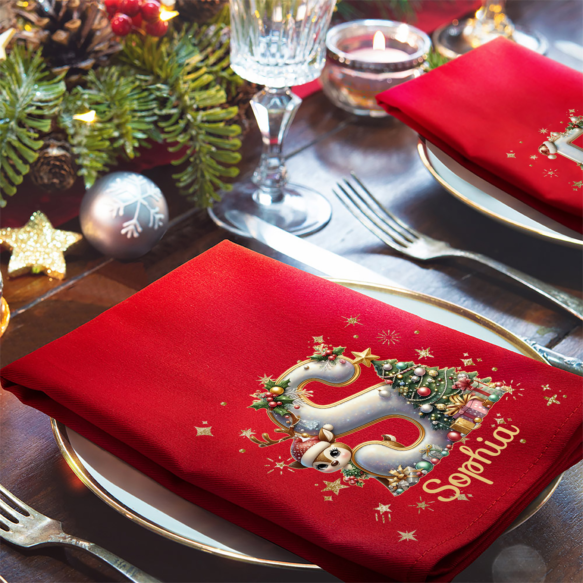 Personalised Christmas Cotton Napkin Reindeer Design with Initial Name Table Decor For Family Dinner