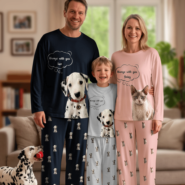 Personalised Pet Photo Fun Soft Long-Sleeve Lounge Pyjama Set with Name Home Wear Birthday Gift for Pet Owners Kids Family