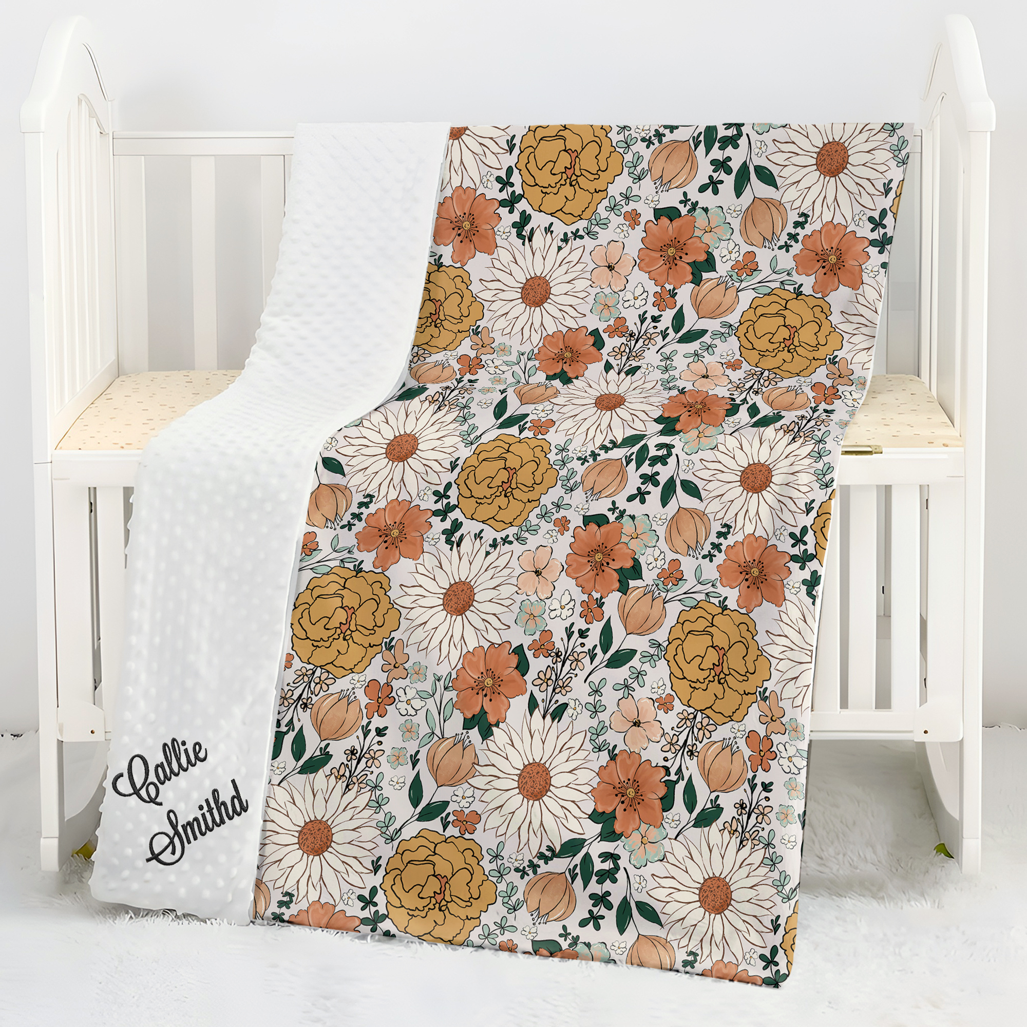 Personalisierte Boho Blumen Stickerei Name Baby Sicherheit Decke mit gepunkteten Backing Baby Dusche Taufe Geschenk für Neugeborene