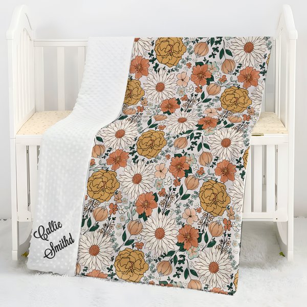 Coperta di sicurezza personalizzata con ricamo di fiori Boho e nome del bambino con sfondo a puntini Regalo di battesimo per la doccia del bambino per il neonato