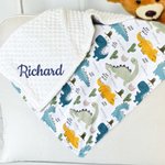 Personalised Cute Dinosaur Soft Baby Security Blanket with Dotted Backing and Embroidery Name Baby Shower Birthday Gift for Boys Girls