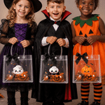 Spersonalizowana, przezroczysta torebka na pierogi z motywem halloweenowym, z wstążką i imieniem – halloweenowy prezent dla dzieci
