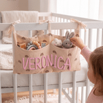 Personalised Soft Cotton Linen Hanging Storage Bag with Knit Name Car Seat Organiser & Cot Nursery Storage Decor Baby Shower Gift for Kids