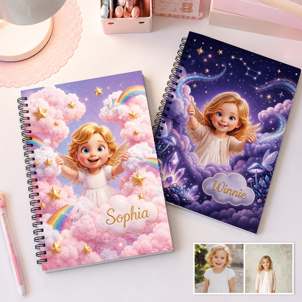Personalised 3D-Effect Artwork Fantasy Angel Kid Photo A5 Spiral Journal Notebook with Name Daily Use Back to School Birthday Gift for Kids Students