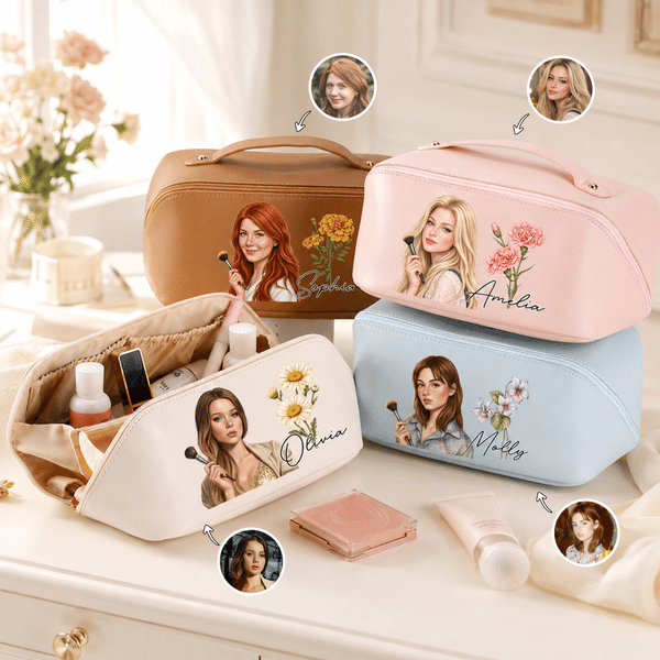 Personalized Semi-Realistic Art Style Photo Birth Flower PU Leather Makeup Bag with Name Daily Use Travel Birthday Gift for Women Friends